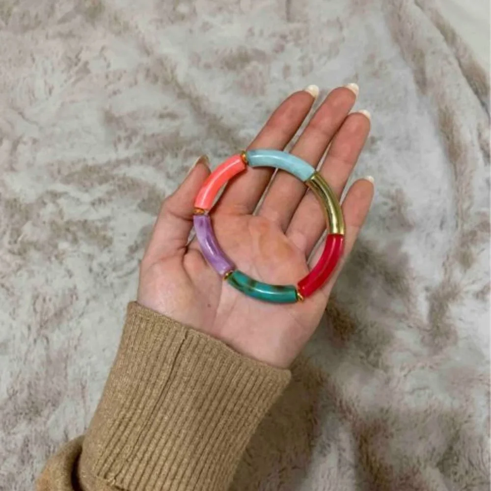 Colorful Tube Bead Bangle | Bamboo Style Stretch Bracelet